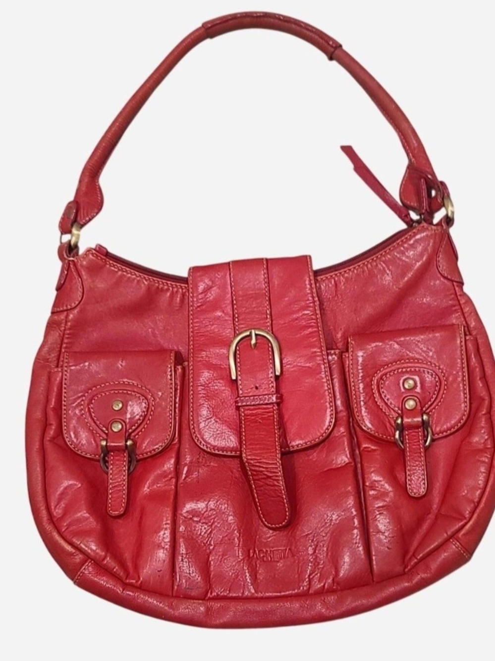 LACHETTA MILANO Red Leather Shoulder Bag with Front Buckle & Dual Pockets